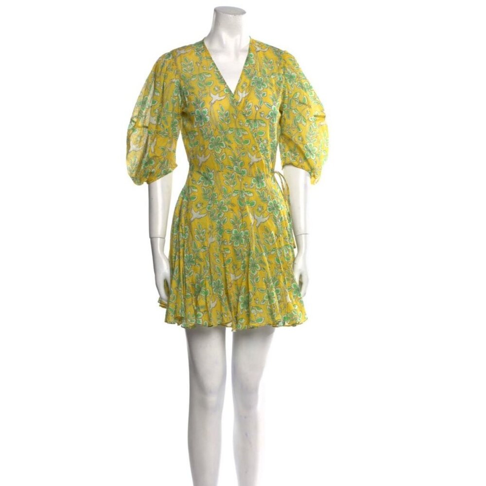RHODE Claudine Mini Wrap Dress Sz S Bird and Floral Print Ruffle Yellow V-Neck